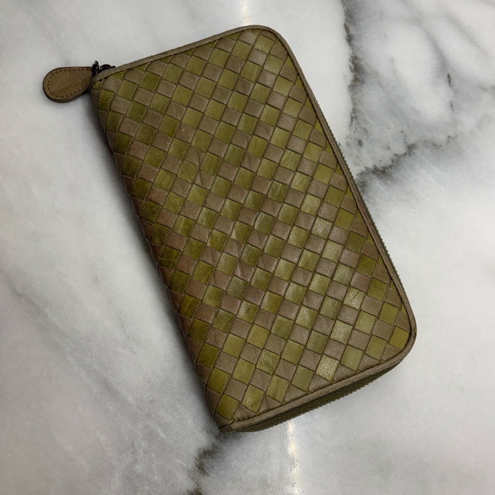 Bottega Veneta Intrecciato Zip Around Wallet Olive Taupe Woven Leather Italy - Picture 2 of 10
